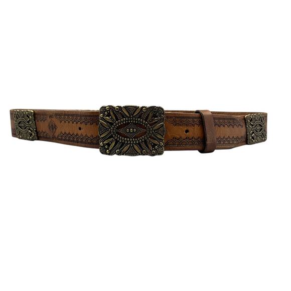 Fossil Womens Boho Leather Belt Size M Conchos Brown Tooled Medallian Brass - Picture 1 of 8